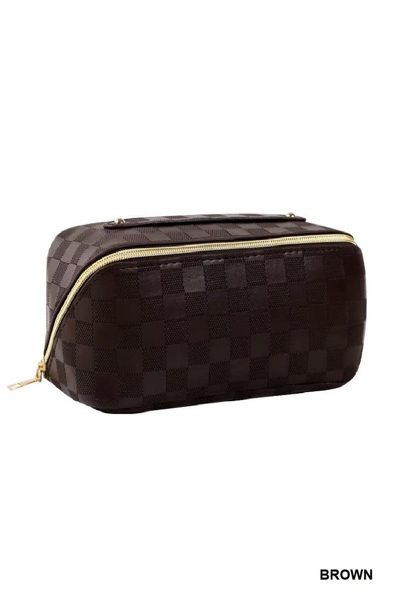 Checkered Makeup Bag-Brown