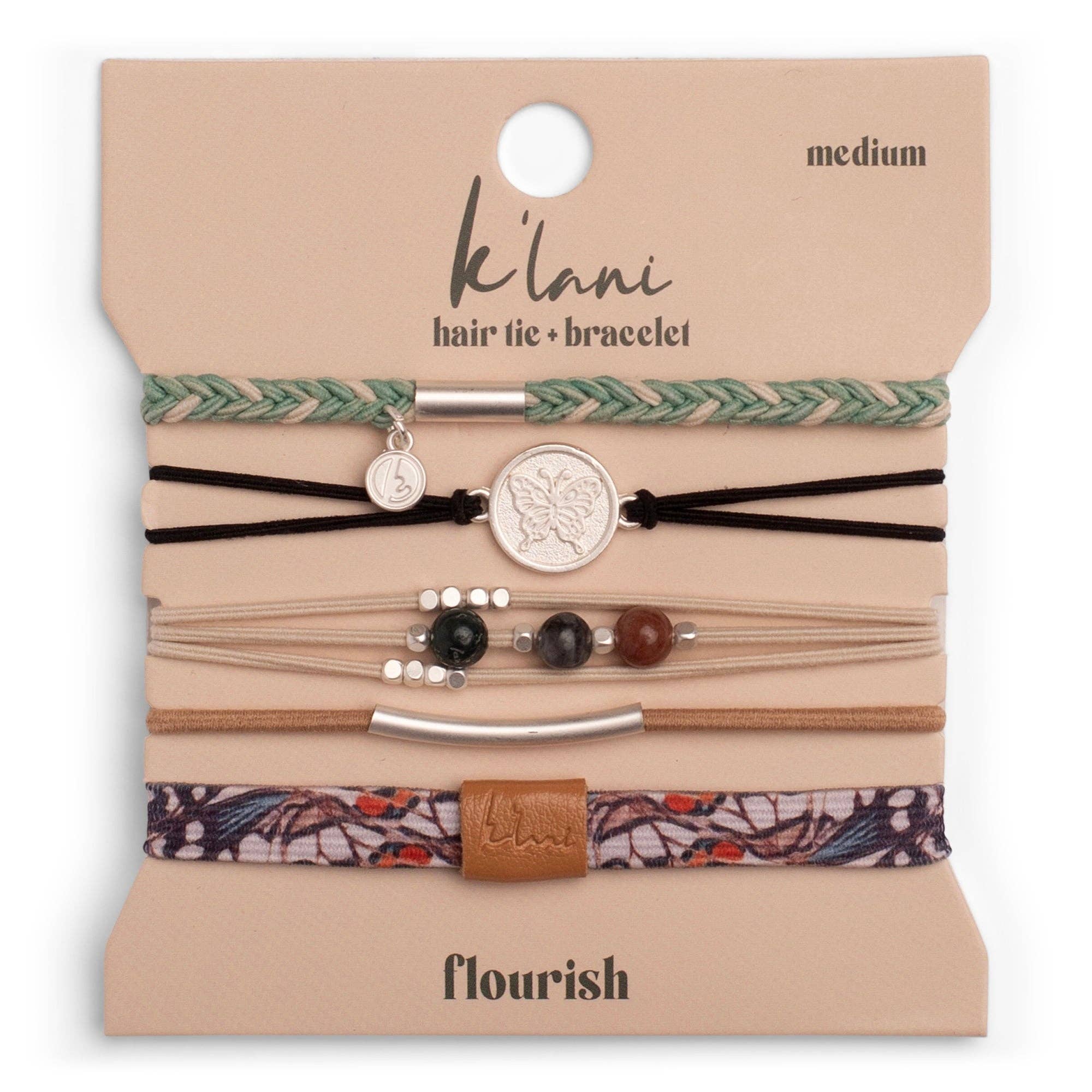 "Flourish" Silver Butterfly Charm Hair Tie Bracelet Set: Medium