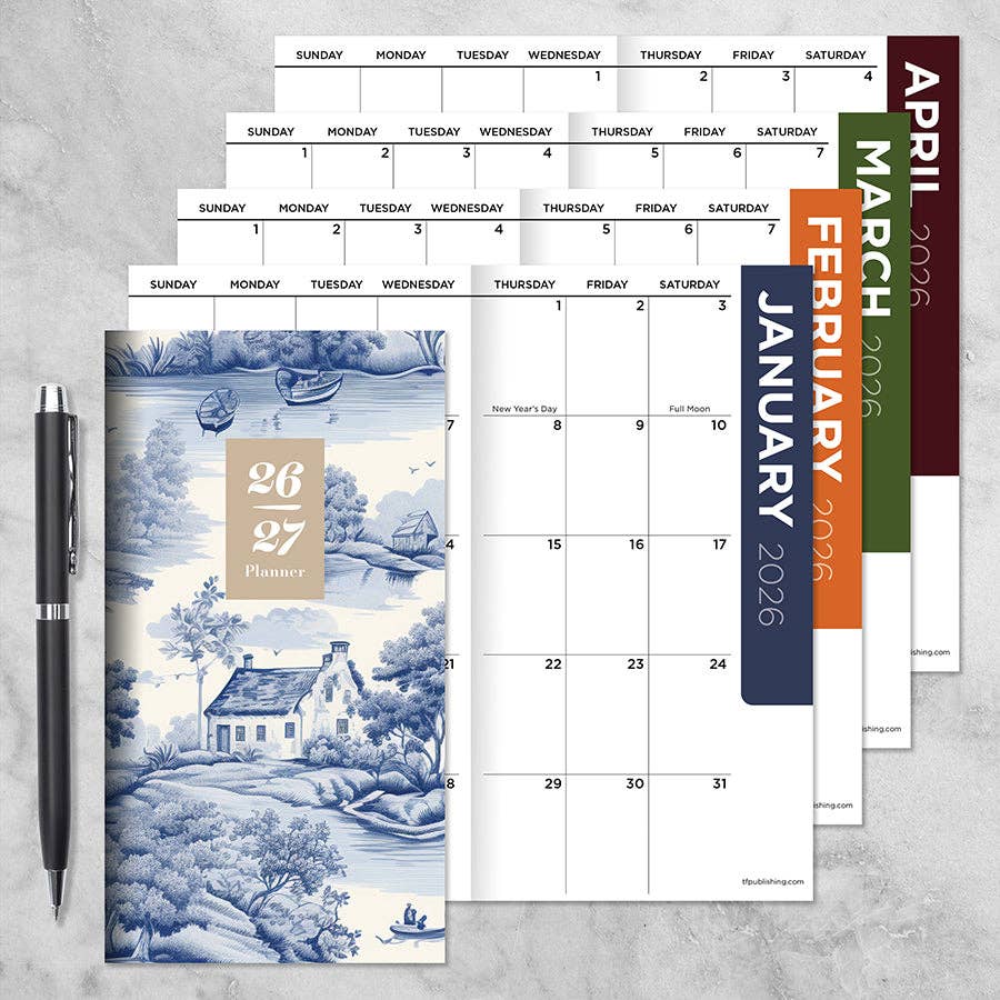 2026-2027 Blue Toile Small Monthly Pocket Planner