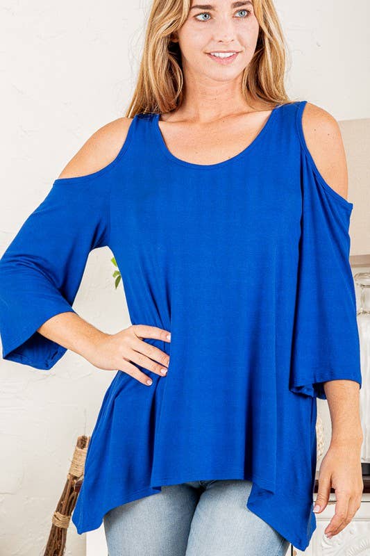 COLD SHOULDER SOLID TOP: ROYAL BLUE