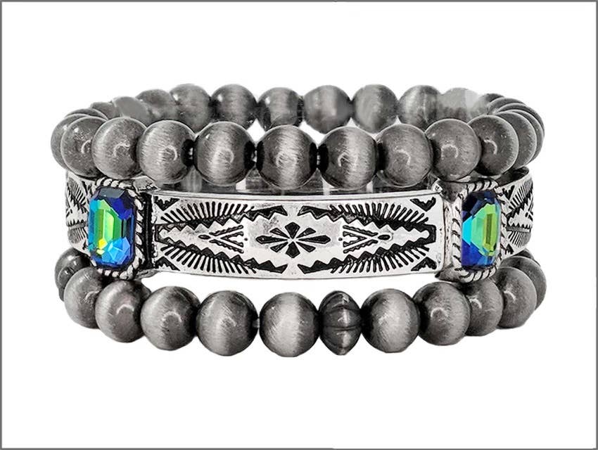 Western Navajo Glass Stone 3 Layered Stretch Bracelet : TURQUOISE/ CLEAR
