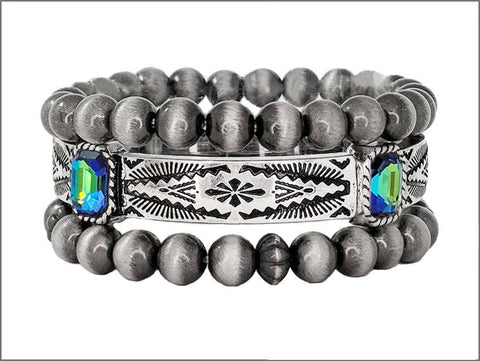 Western Navajo Glass Stone 3 Layered Stretch Bracelet : TURQUOISE/ CLEAR