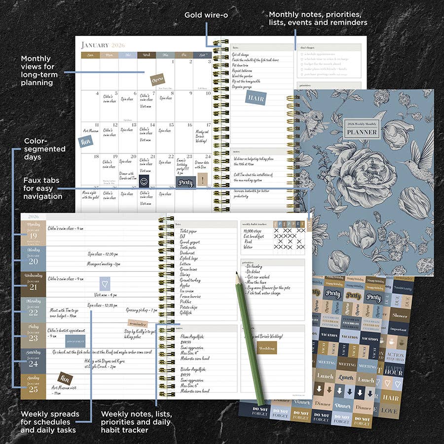 2026 Garden Roses Medium Weekly Monthly Planner