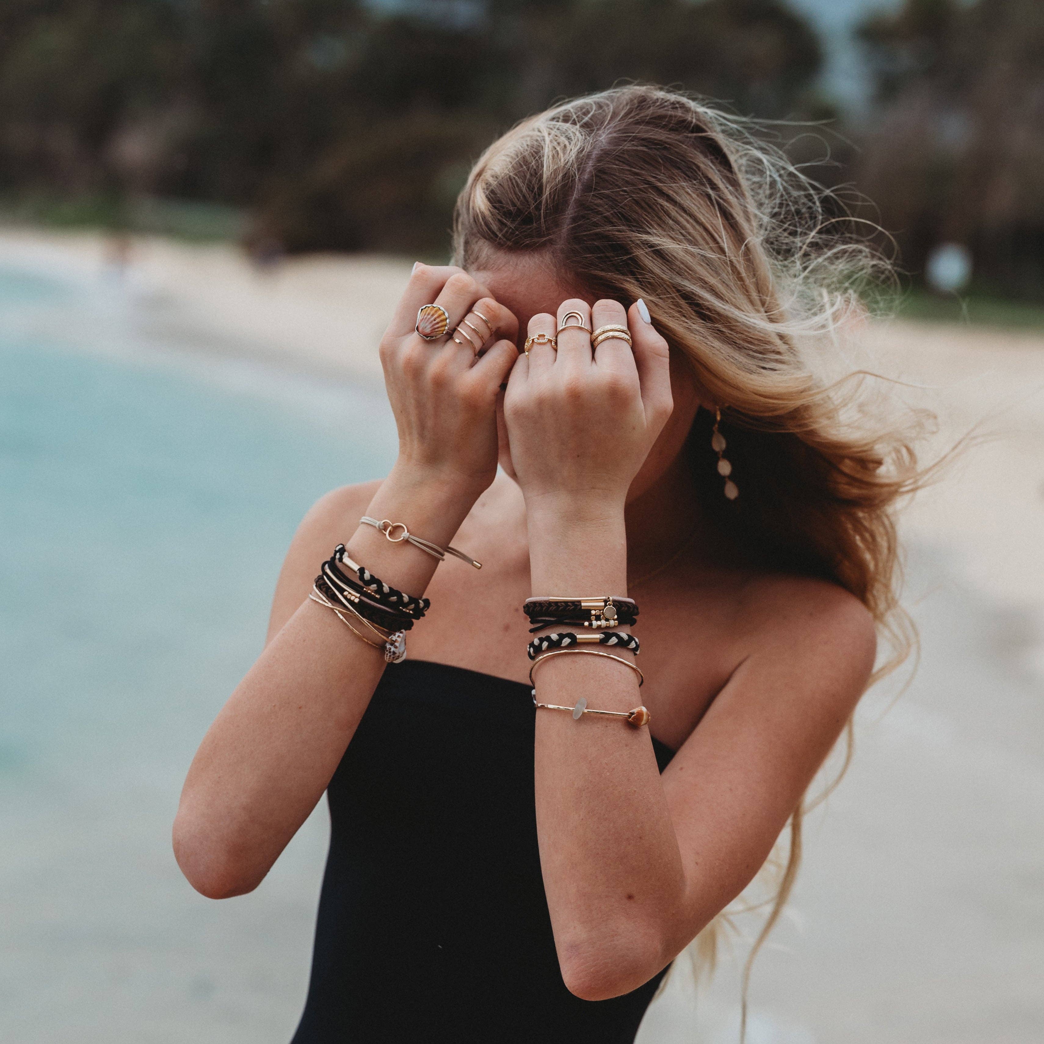 "Connect" Black and Cream with Gold Accent Hair Tie Bracelets: Medium