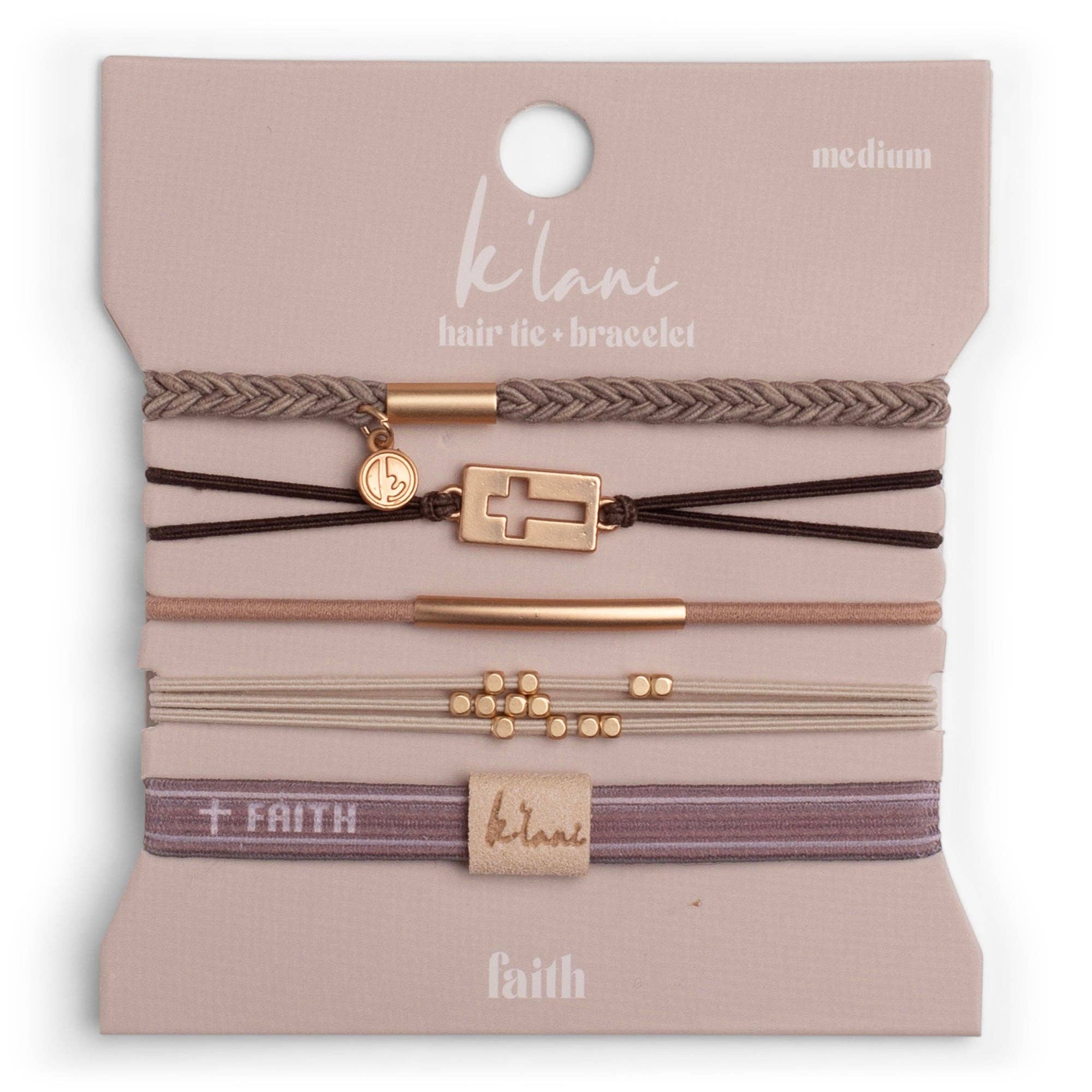 "Faith" Gold Cross Hair Tie Bracelet Set: Large