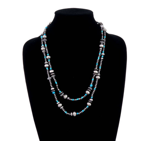 2 Layered Navajo Style Pearl and Bead Necklace: TURQUOISE