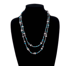 2 Layered Navajo Style Pearl and Bead Necklace: TURQUOISE