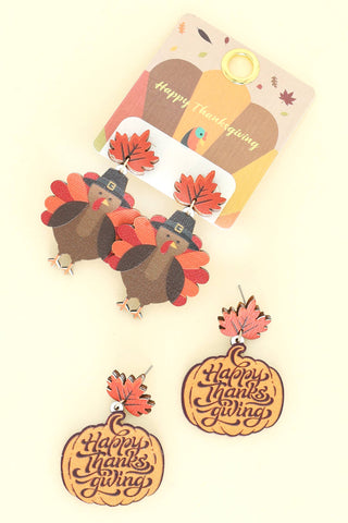 Sophia Collection - Autumn Leaf Thanksgiving Wooded Earrings: Pumpkin