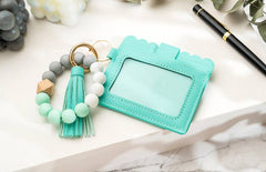 Leather Keychain Wallet With Wristlet Bangle Bracelet: Teal