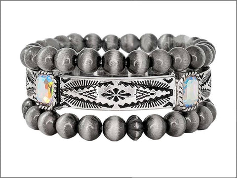 Western Navajo Glass Stone 3 Layered Stretch Bracelet : AB CLEAR