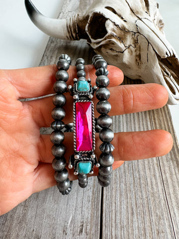 WESTERN STYLE BEADED BRACELET SET: PINK