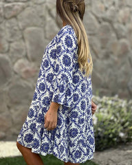 Boho Floral Print V-Neck Shirt Dress