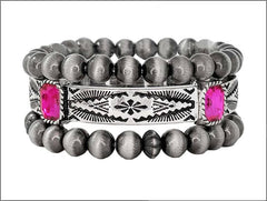 Western Navajo Glass Stone 3 Layered Stretch Bracelet : FUSCHIA PINK