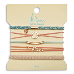 "Live" Teal and Coral with Gold Accent Hair Tie Bracelets: Medium