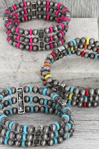 Sophia Collection - 3 Layer Navajo Pearl Mix Beaded Western Bracelet: Multicolor