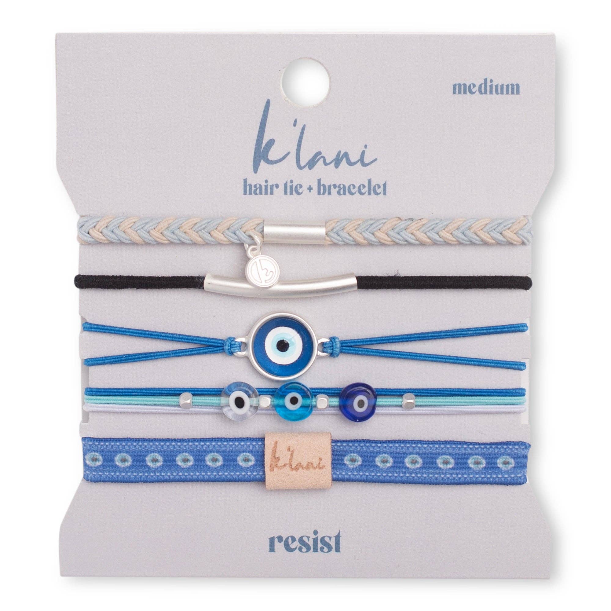 "Resist" Blue Evil Eye Hair Tie Bracelets: Medium