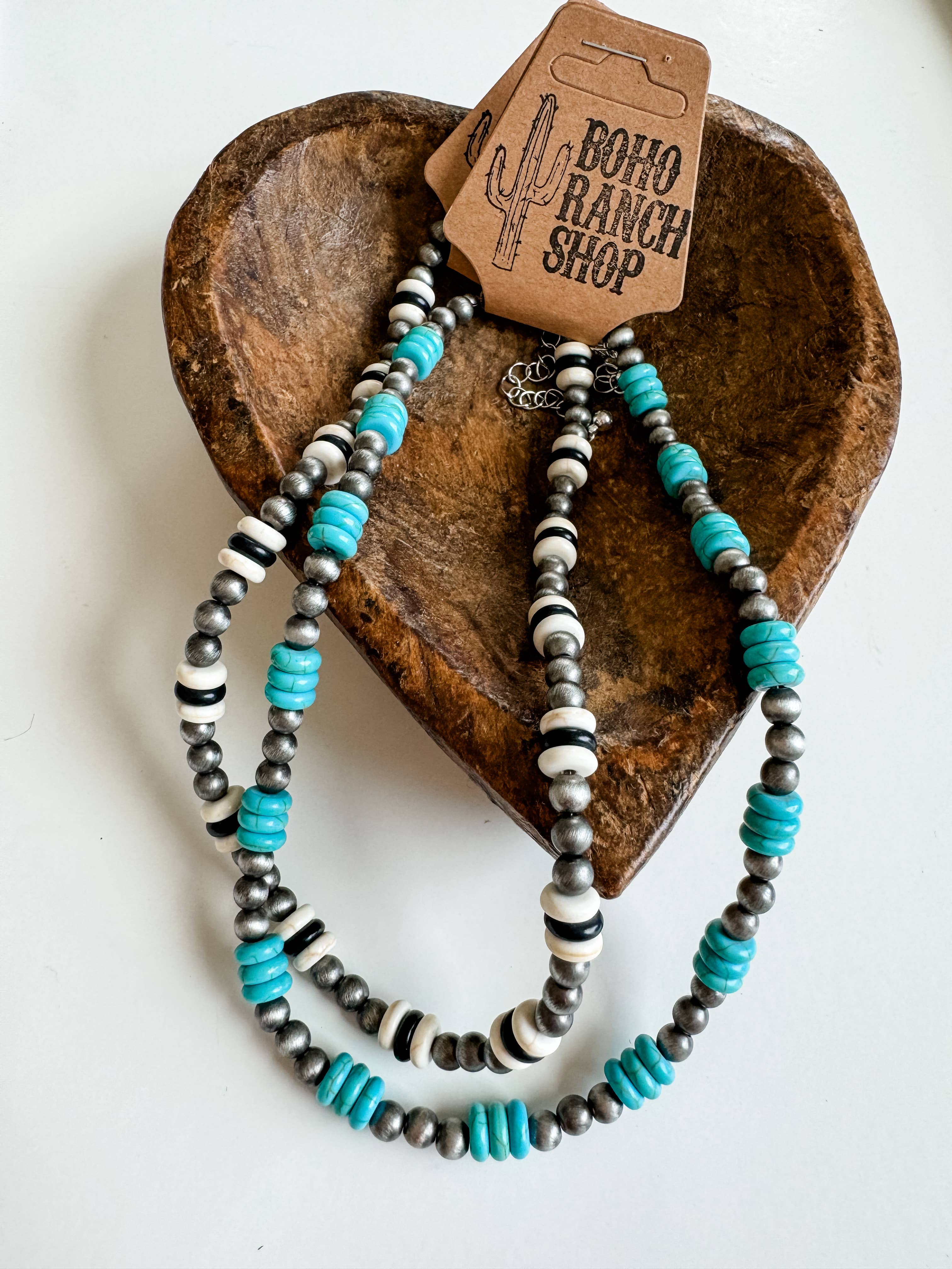 Western Navajo Style Pearl with Stone Necklace: White