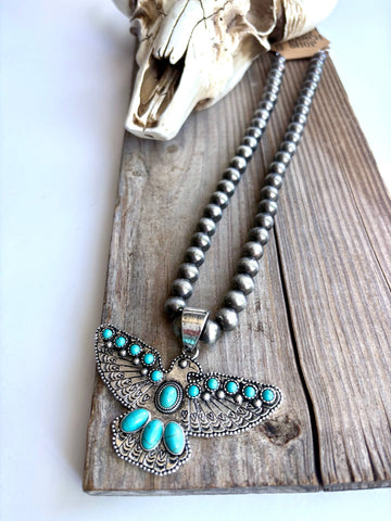 Western Thunderbird Pendant Navajo Style Pearl Bead Necklace: Turquoise