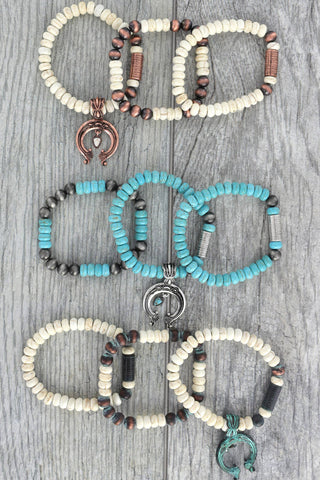 Sophia Collection - Squash Blossom Charm 2 Tone Beaded 3 Pack Bracelet Set: Copper White