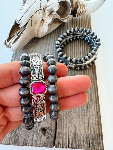 Western Navajo Glass Stone 3 Layered Stretch Bracelet : FUSCHIA PINK