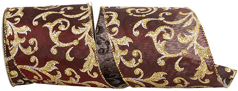 SCROLL FILIGREE GLITTER IRIDESCENT SATIN WIRED EDGE RIBBON