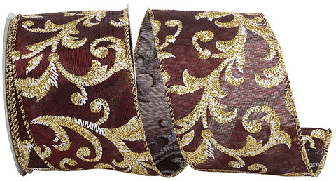 SCROLL FILIGREE GLITTER IRIDESCENT SATIN WIRED EDGE RIBBON-BURGUNDY