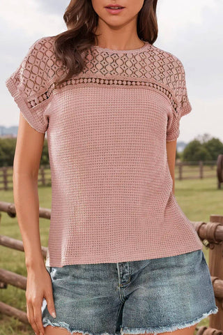Lace Patchwork Waffle Short Sleeve Top: Pink