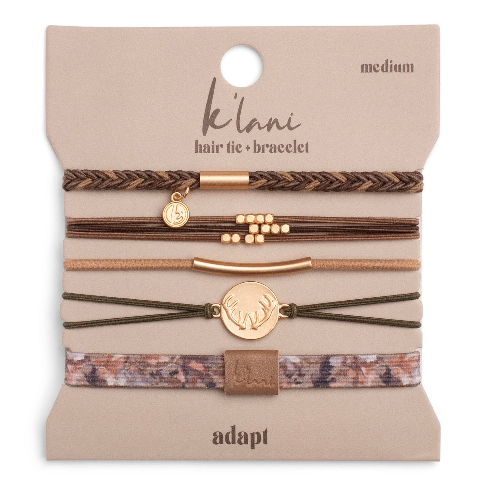 "Adapt" Camo, Gold Charm Antler Hair Tie Bracelet Set: Large