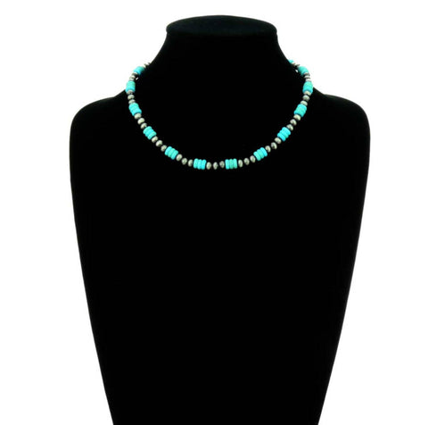 Western Navajo Style Pearl with Stone Necklace: Turquoise