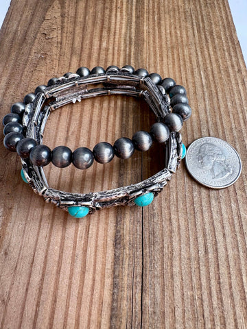 2 Layer Western Navajo & Stone Stretch Bracelet: Turquoise
