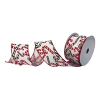 CANDY CANES FALL WHITE FAUX LINEN RIBBON - WHITE/RED/GREEN 2.5" X 10YD