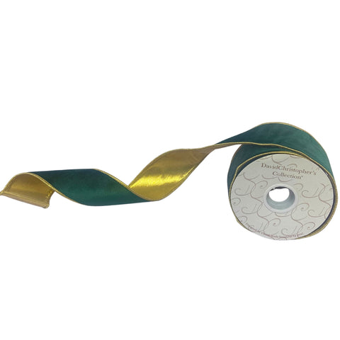 2.5"X10YD DARK GREEN VELVET RIBBON WITH GOLD LAME BACK AND GOLD EDGE