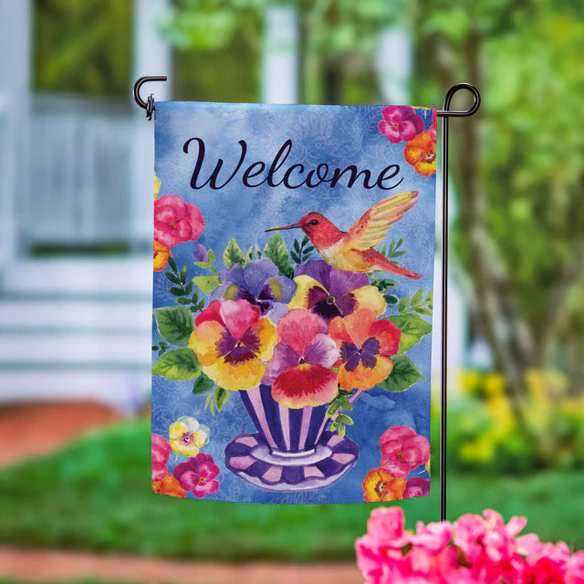 Pansies & Hummingbird Tea Cup Suede Garden Flag