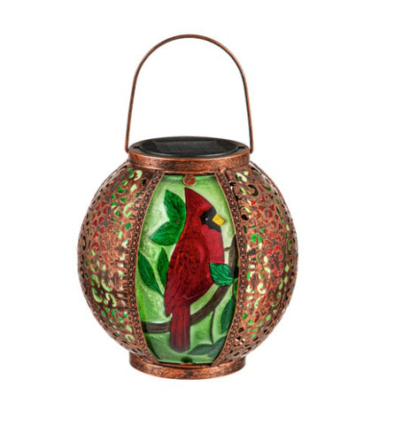 8" Solar Hanging Round Lantern with Embellished Panel Cutouts, Cardinal