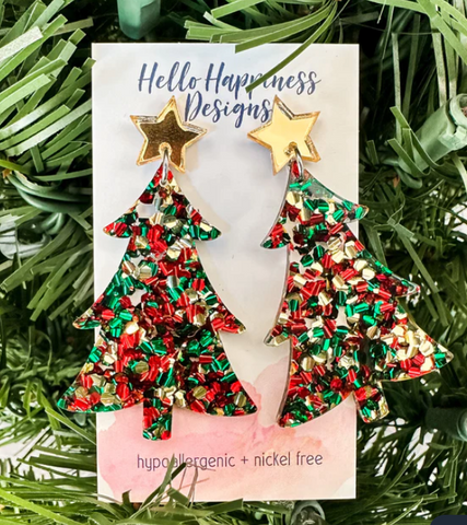 Christmas Cheer Chunky Glitter Tree Star Drop Dangles