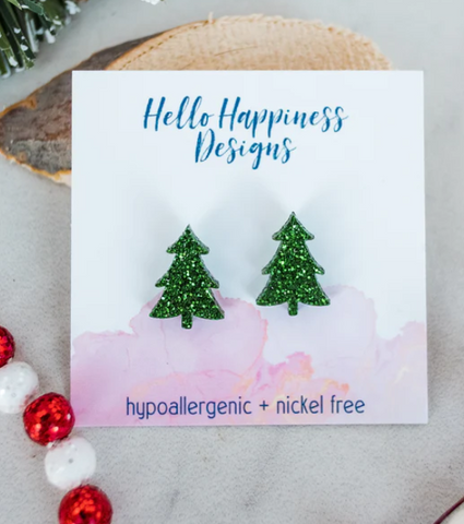 Green Glitter Christmas Tree Studs