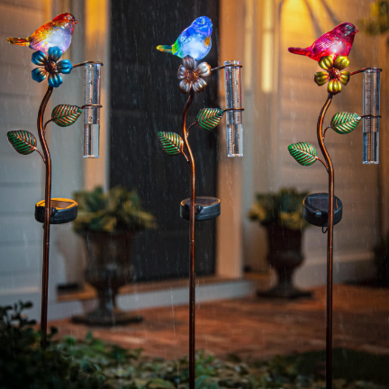 36"H Solar Rain Gauge Garden Stake, Perched Bird