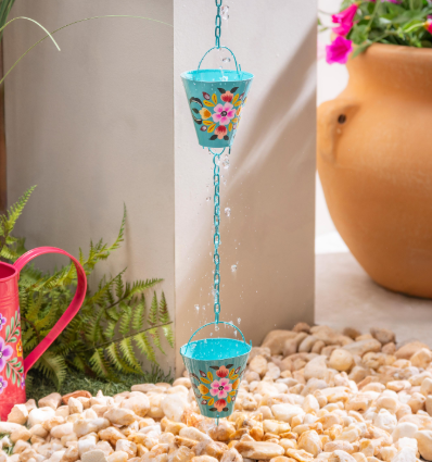 Blue Coastal Rain Chain, Vibrant Hand-Painted Flower Rain Chain, 72" H