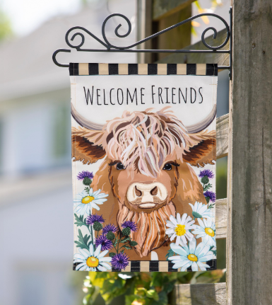 Highland Cow Welcome Friends Applique Garden Flag