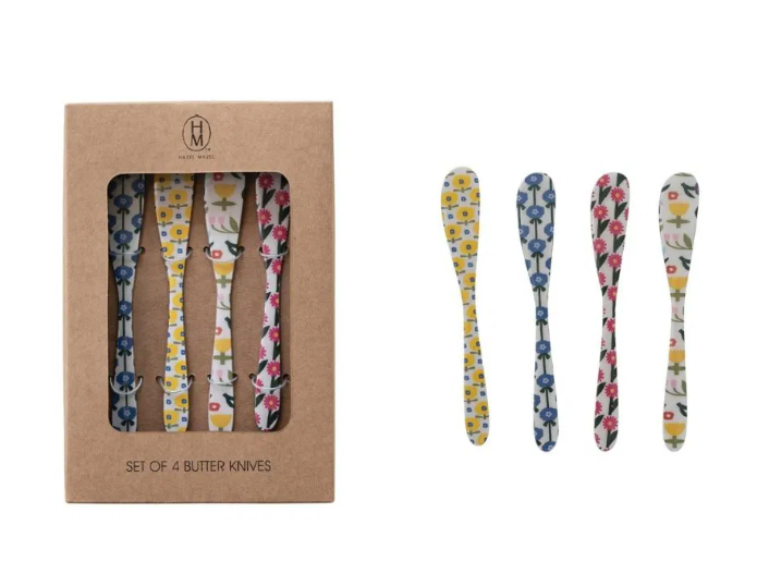 Hazel Mazel 5.75" Enameled Stainless Steel Spreaders (Set of 4) | Flower Pattern