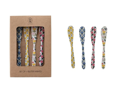 Hazel Mazel 5.75" Enameled Stainless Steel Spreaders (Set of 4) | Flower Pattern
