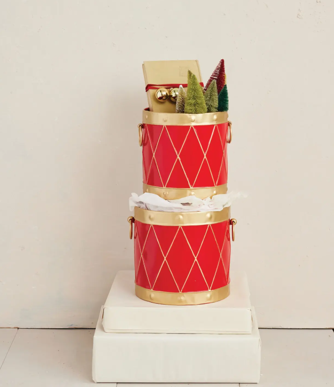 Metal Drum Shaped Buckets with Handles, Red & Gold Finish