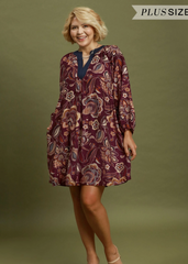 Floral Paisley Split Neck Mini Dress