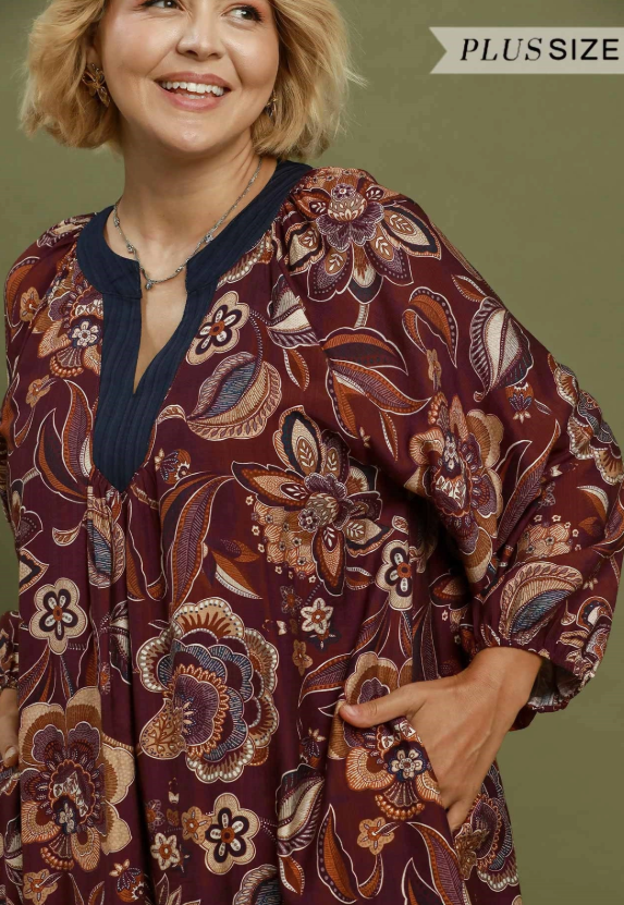 Floral Paisley Split Neck Mini Dress