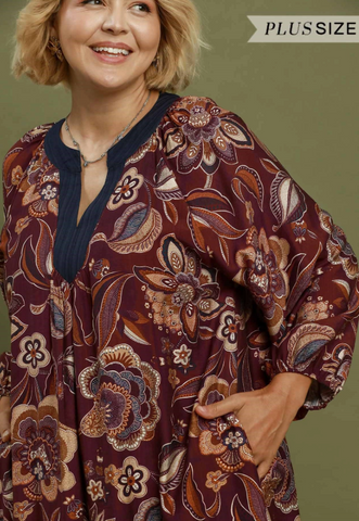 Floral Paisley Split Neck Mini Dress