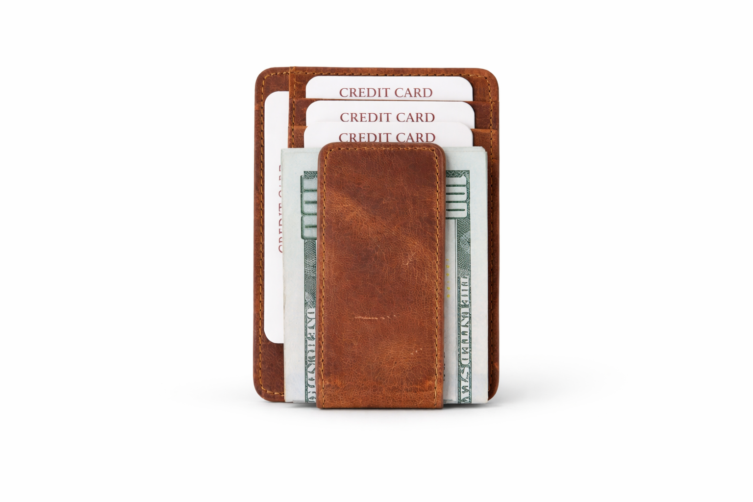 Leather Card Holder with Money Clip Minimalist Pocket wallet: Brown