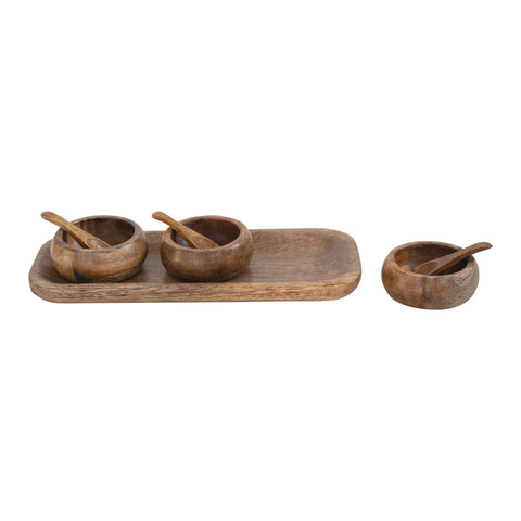 Mango Wood Tray with 3 Bowls and Spoons, Set of 7