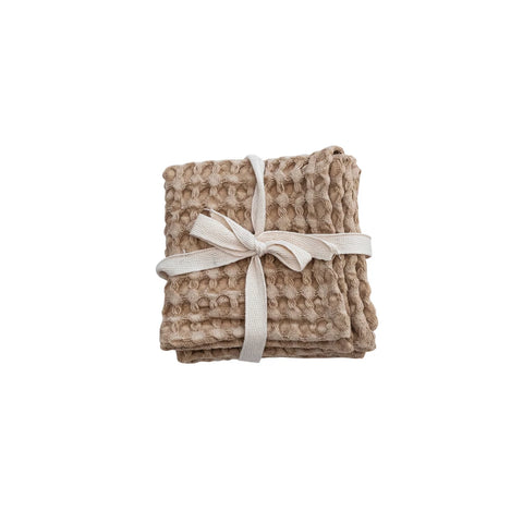 Stonewashed Cotton Waffle Weave Dish Cloths, Camel Color, Set of 3