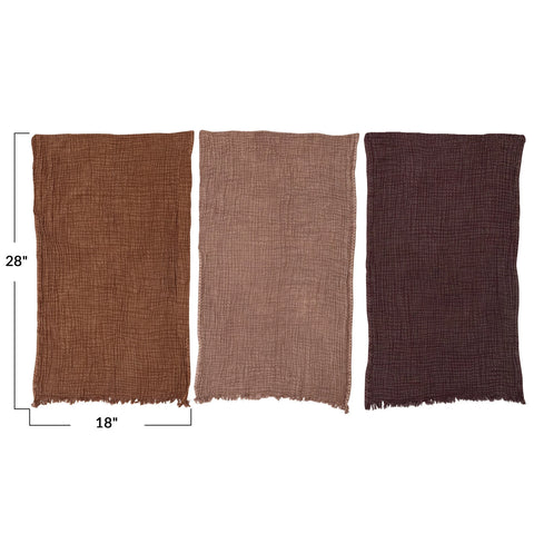 Cotton Tea Towels w/ Embroidered Edge & Fringe, Brown & Mauve, Set of 2