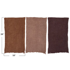 Cotton Tea Towels w/ Embroidered Edge & Fringe, Brown & Mauve, Set of 2